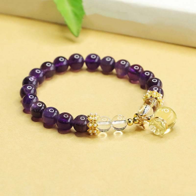 Natural Citrine and Amethyst Money Bag Clear Quartz Beaded Bracelet