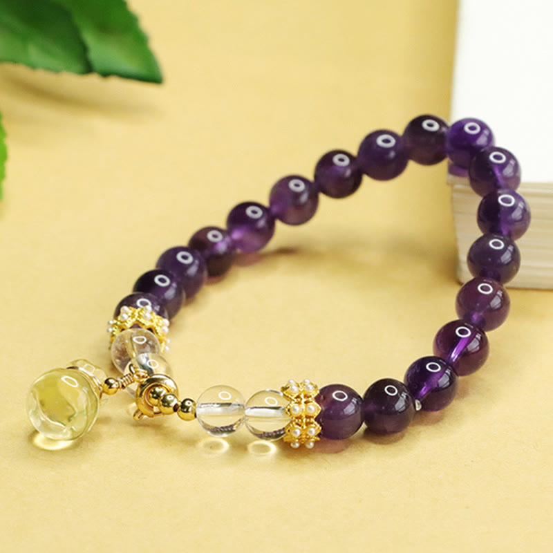 Natural Citrine and Amethyst Money Bag Clear Quartz Beaded Bracelet