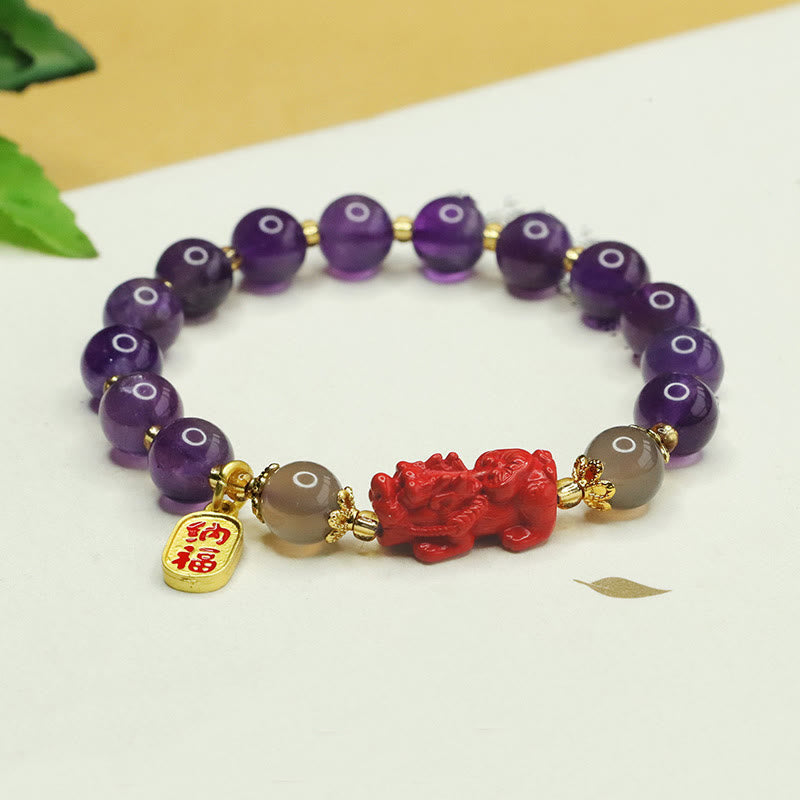Natural Amethyst and Cinnabar Beaded Bracelet with Pixiu and Fu Character Symbols
