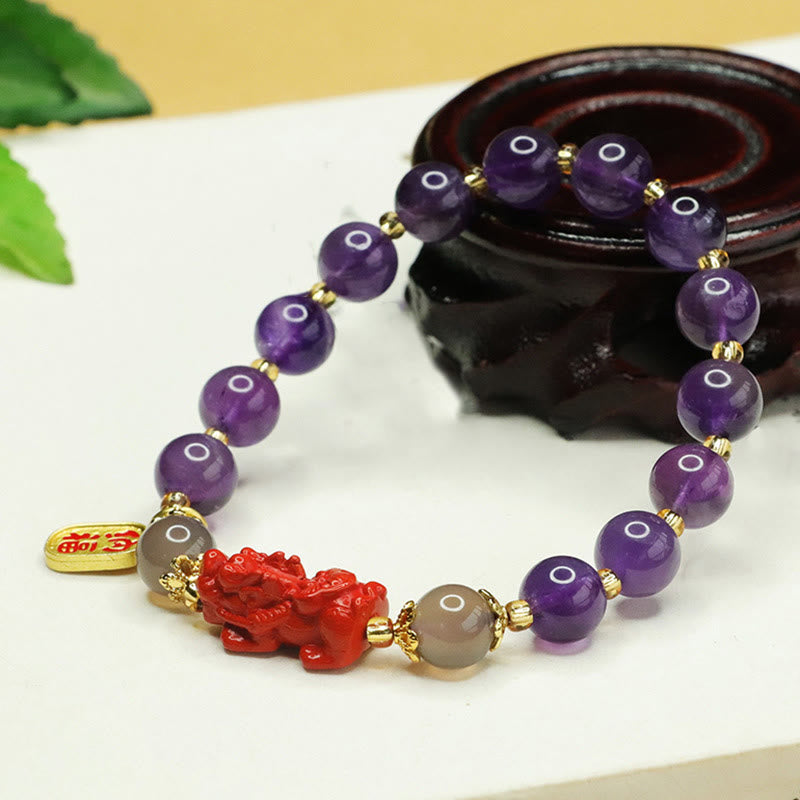 Natural Amethyst and Cinnabar Beaded Bracelet with Pixiu and Fu Character Symbols