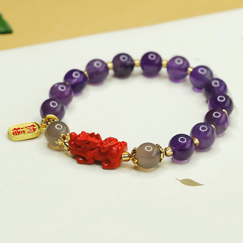 Natural Amethyst and Cinnabar Beaded Bracelet with Pixiu and Fu Character Symbols