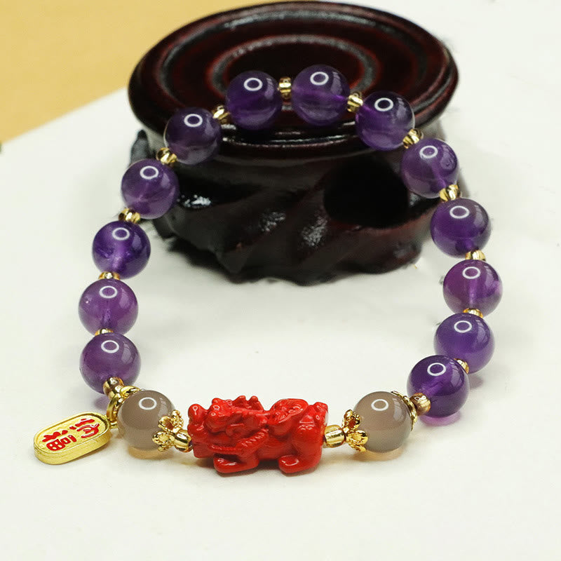 Natural Amethyst and Cinnabar Beaded Bracelet with Pixiu and Fu Character Symbols