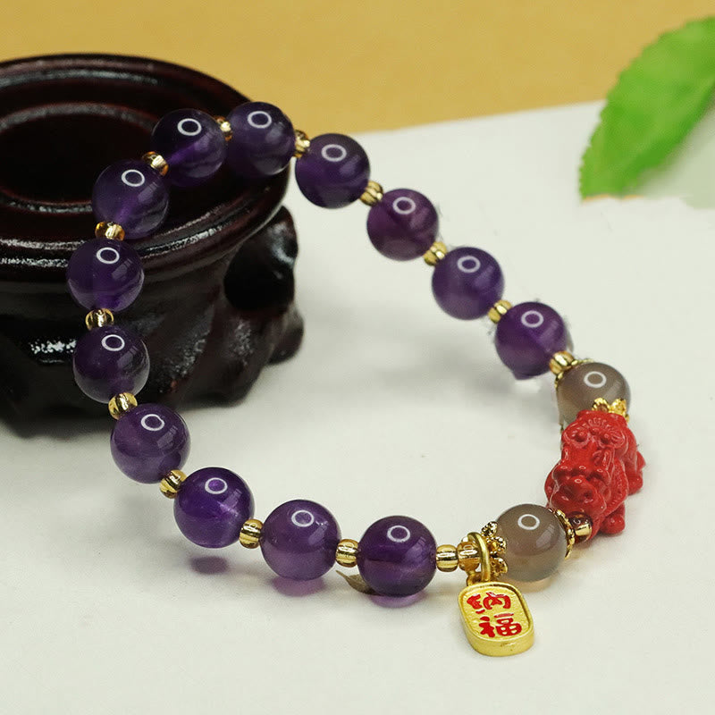 Natural Amethyst and Cinnabar Beaded Bracelet with Pixiu and Fu Character Symbols