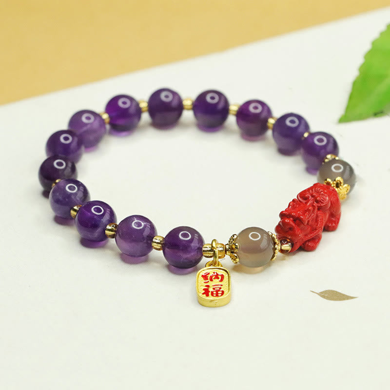 Natural Amethyst and Cinnabar Beaded Bracelet with Pixiu and Fu Character Symbols