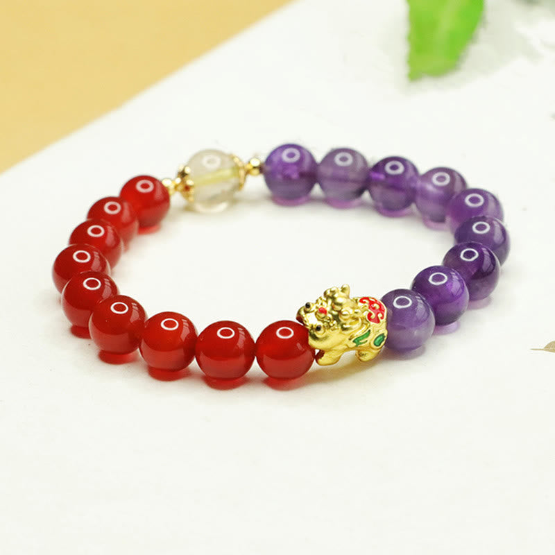 Natural Amethyst and Red Agate Beaded Pixiu Energy Bracelet