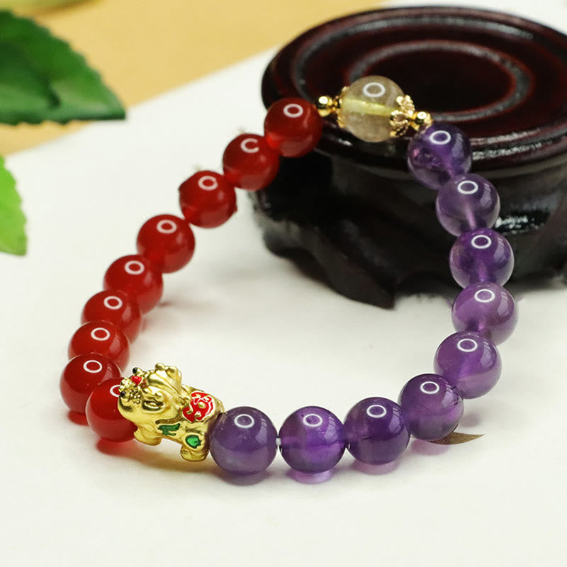 Natural Amethyst and Red Agate Beaded Pixiu Energy Bracelet