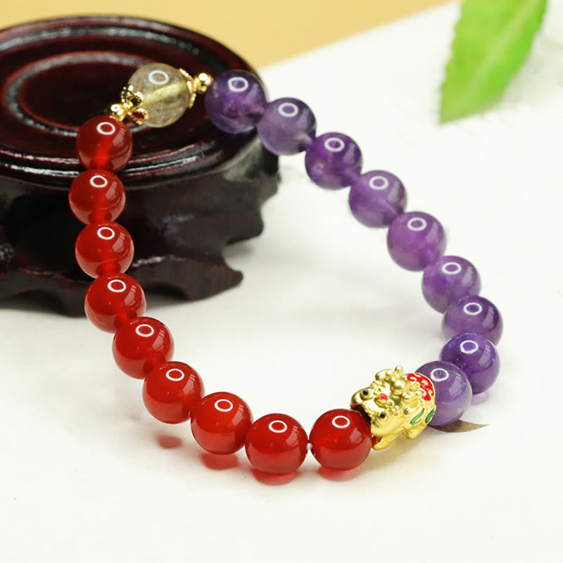 Natural Amethyst and Red Agate Beaded Pixiu Energy Bracelet