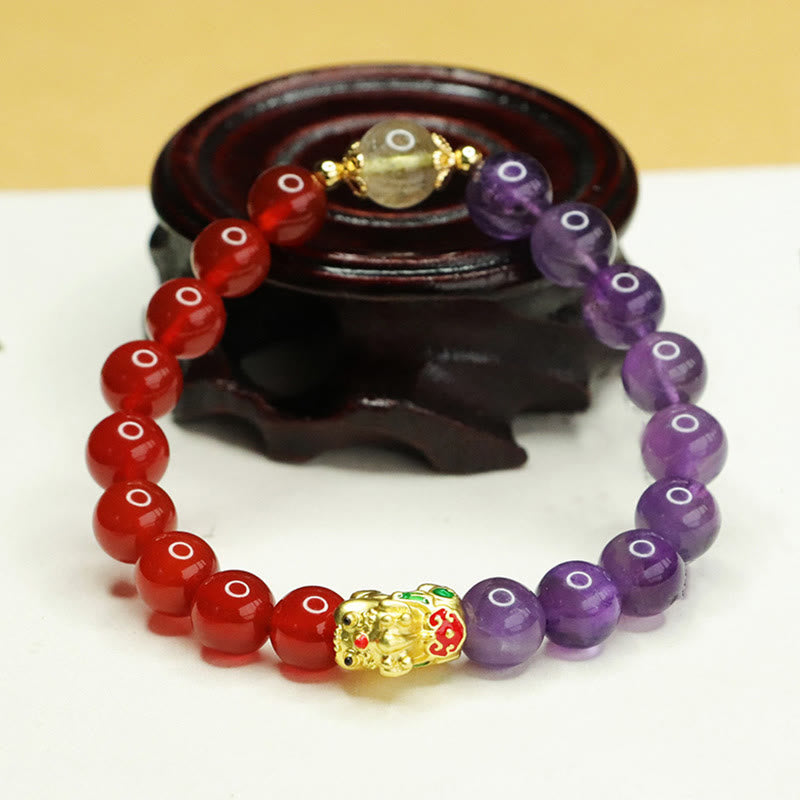 Natural Amethyst and Red Agate Beaded Pixiu Energy Bracelet