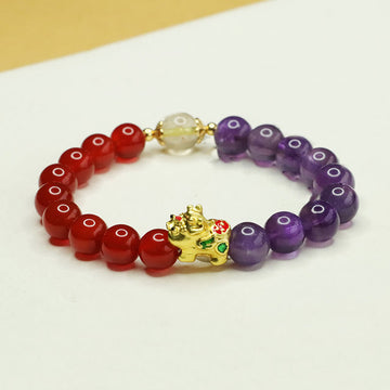 Natural Amethyst and Red Agate Beaded Pixiu Energy Bracelet