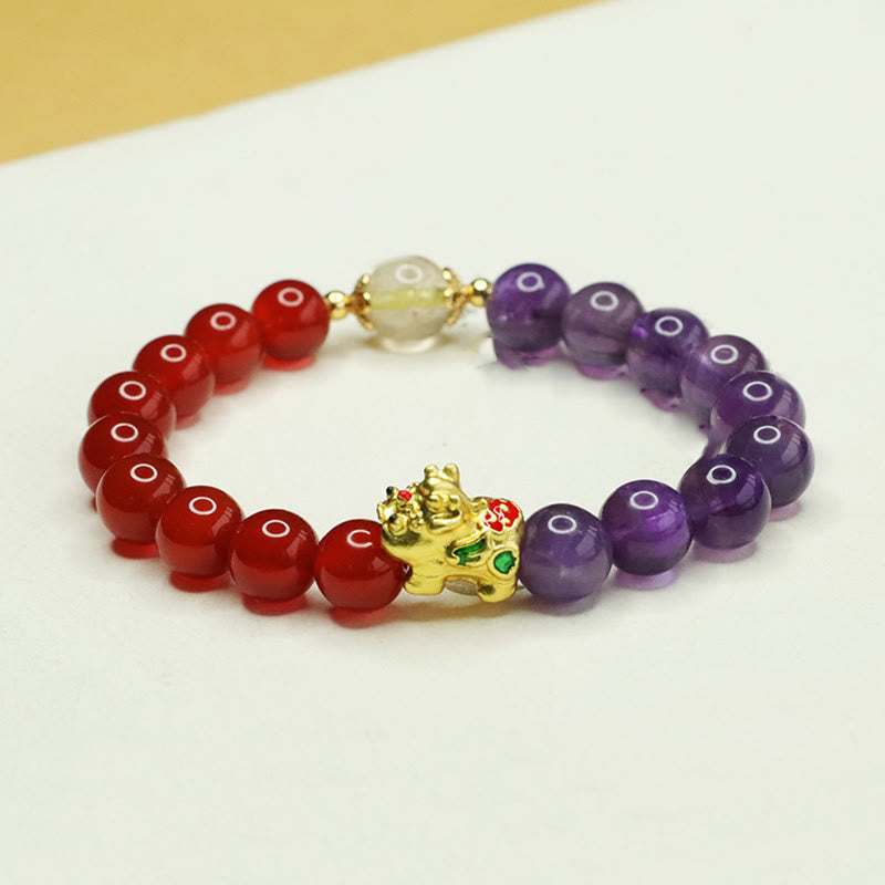 Natural Amethyst and Red Agate Beaded Pixiu Energy Bracelet