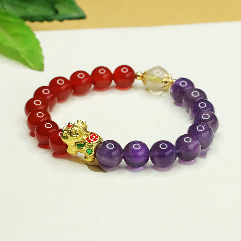 Natural Amethyst and Red Agate Beaded Pixiu Energy Bracelet