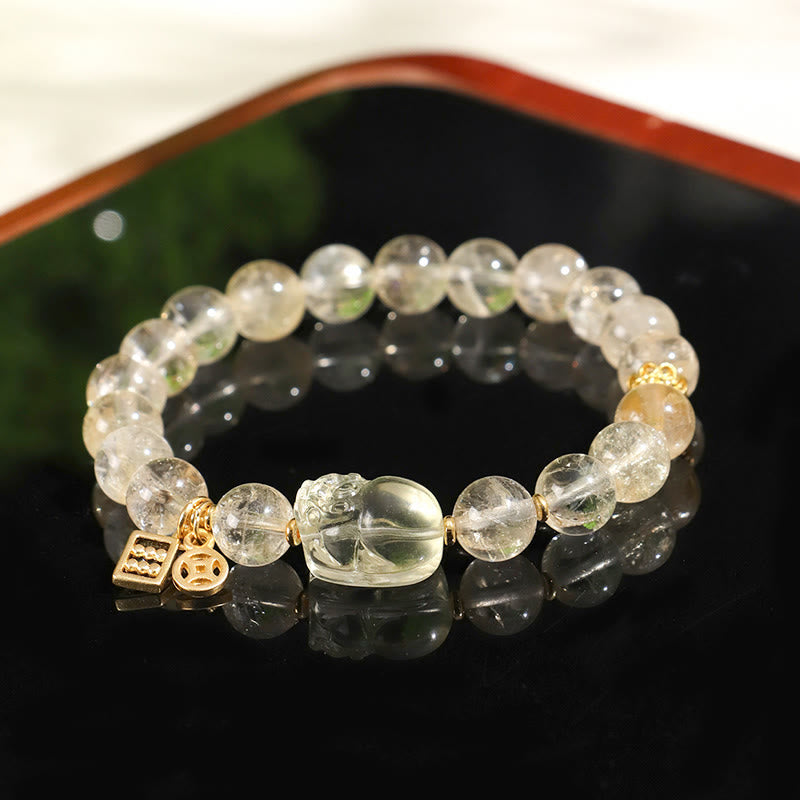 Natural Citrine Beaded Bracelet with Copper Pixiu and Chinese Coin Detail