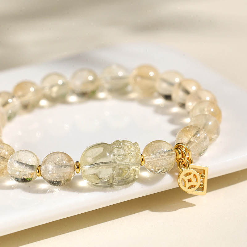 Natural Citrine Beaded Bracelet with Copper Pixiu and Chinese Coin Detail