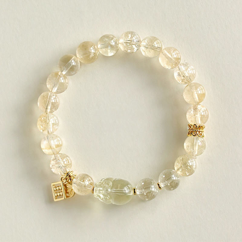 Natural Citrine Beaded Bracelet with Copper Pixiu and Chinese Coin Detail