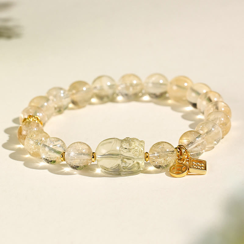Natural Citrine Beaded Bracelet with Copper Pixiu and Chinese Coin Detail