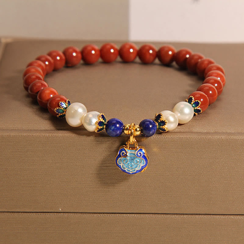 Natural South Red Agate and Pearl Beaded Charm Bracelet with Peace Lock or Elephant