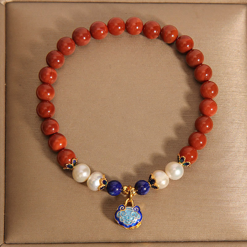 Natural South Red Agate and Pearl Beaded Charm Bracelet with Peace Lock or Elephant