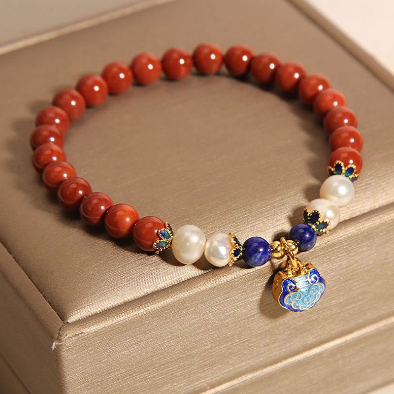 Natural South Red Agate and Pearl Beaded Charm Bracelet with Peace Lock or Elephant