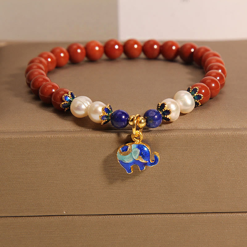 Natural South Red Agate and Pearl Beaded Charm Bracelet with Peace Lock or Elephant