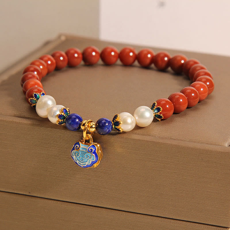 Natural South Red Agate and Pearl Beaded Charm Bracelet with Peace Lock or Elephant