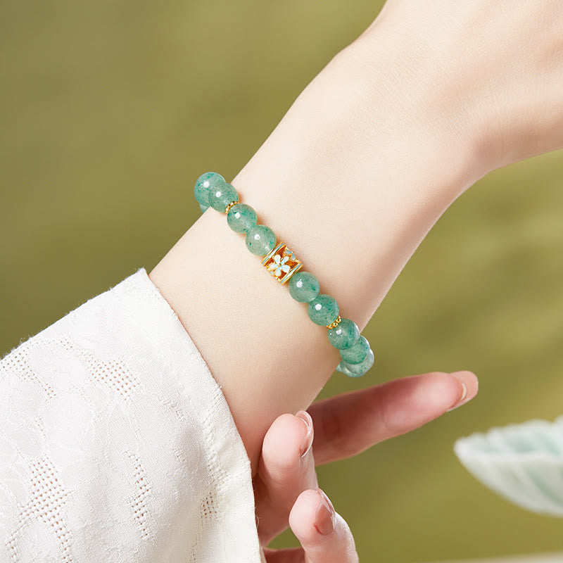Green Strawberry Quartz Flower Calm Bracelet with 925 Sterling Silver Accents (17-19cm)