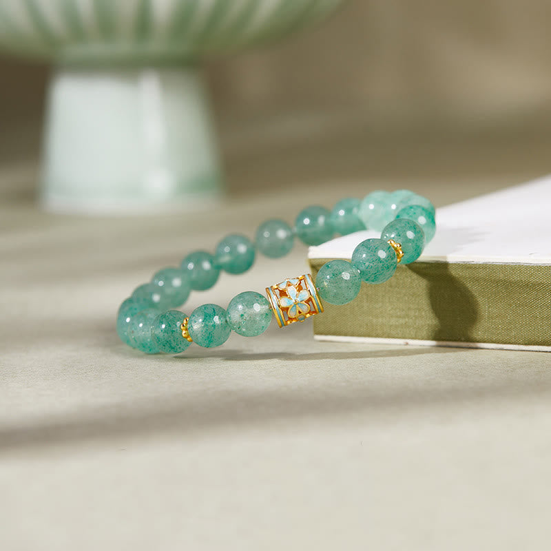 Green Strawberry Quartz Flower Calm Bracelet with 925 Sterling Silver Accents (17-19cm)