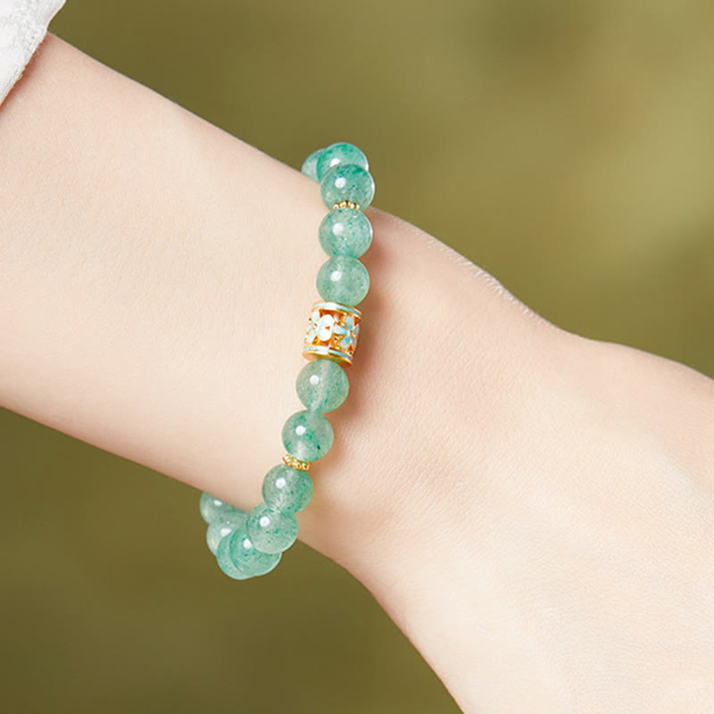 Green Strawberry Quartz Flower Calm Bracelet with 925 Sterling Silver Accents (17-19cm)
