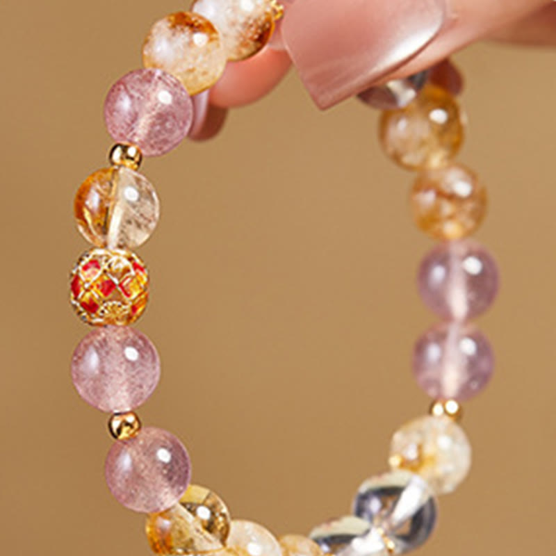Fine 999 Silver Citrine Strawberry Quartz & Clear Quartz Gemstone Bracelet