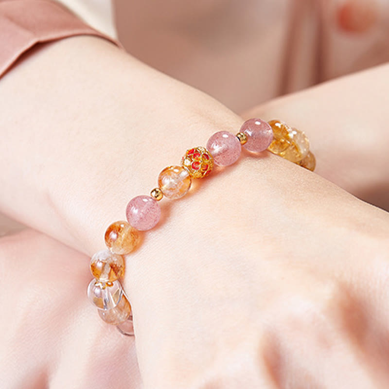 Fine 999 Silver Citrine Strawberry Quartz & Clear Quartz Gemstone Bracelet