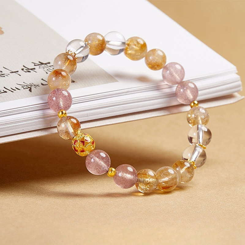 Fine 999 Silver Citrine Strawberry Quartz & Clear Quartz Gemstone Bracelet