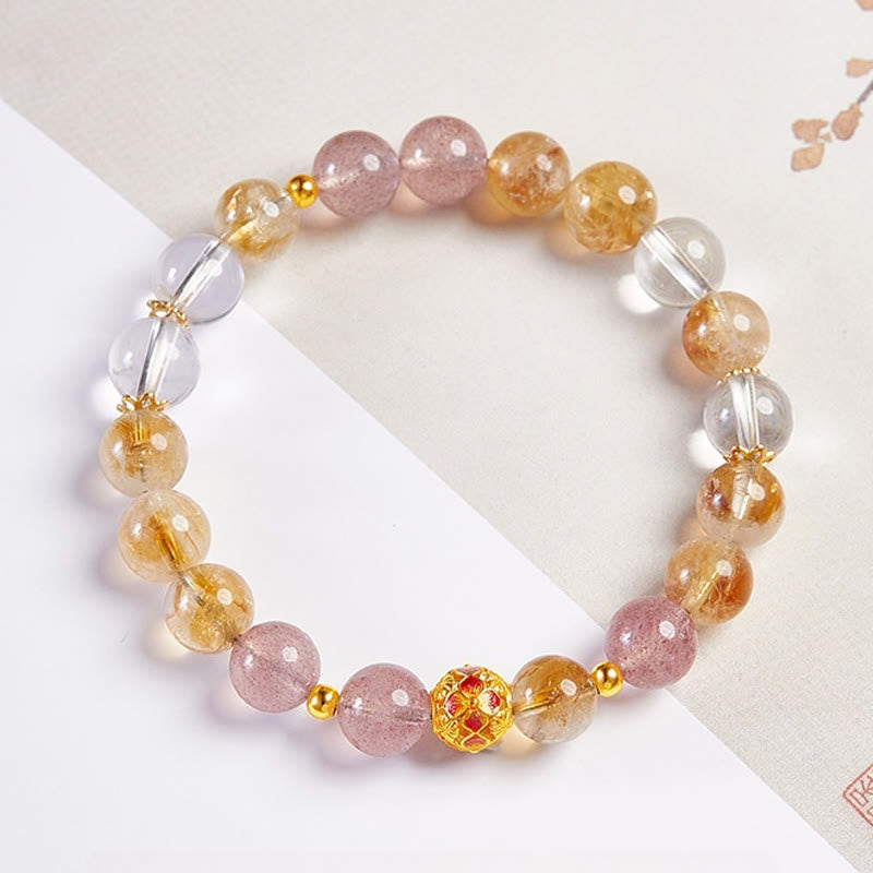 Fine 999 Silver Citrine Strawberry Quartz & Clear Quartz Gemstone Bracelet