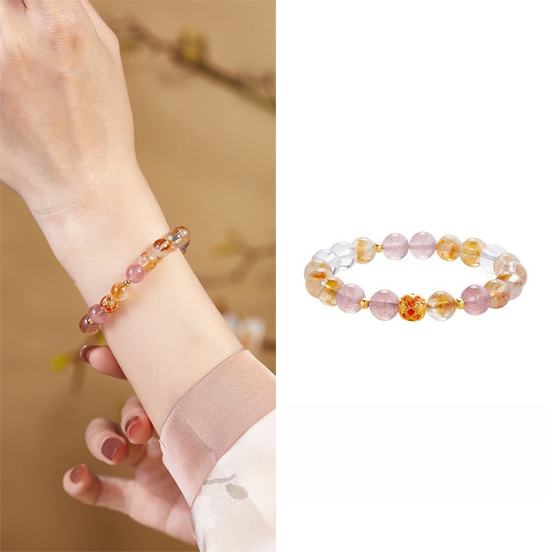 Fine 999 Silver Citrine Strawberry Quartz & Clear Quartz Gemstone Bracelet
