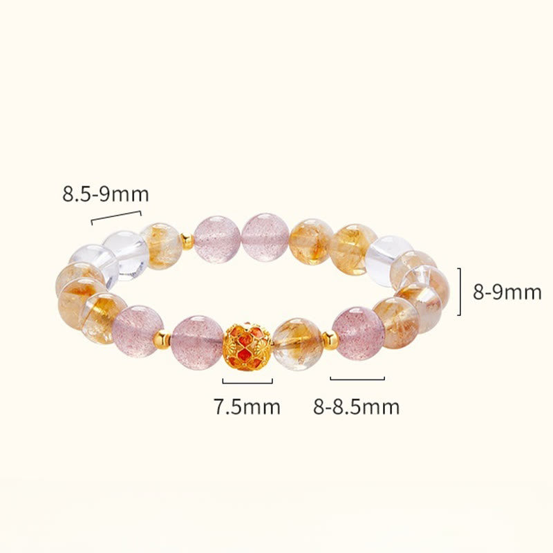 Fine 999 Silver Citrine Strawberry Quartz & Clear Quartz Gemstone Bracelet