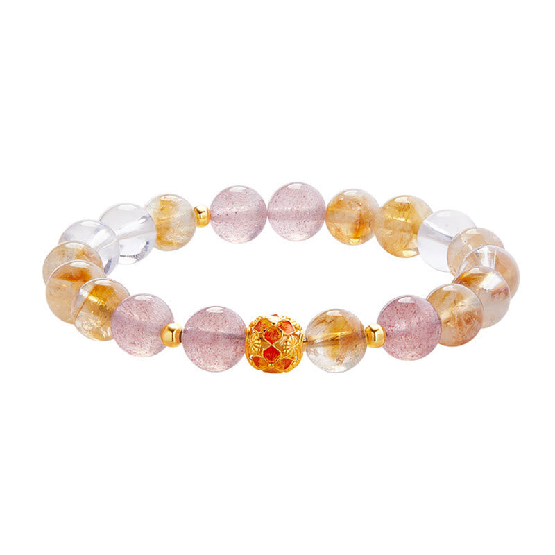 Fine 999 Silver Citrine Strawberry Quartz & Clear Quartz Gemstone Bracelet