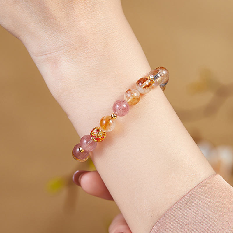 Fine 999 Silver Citrine Strawberry Quartz & Clear Quartz Gemstone Bracelet