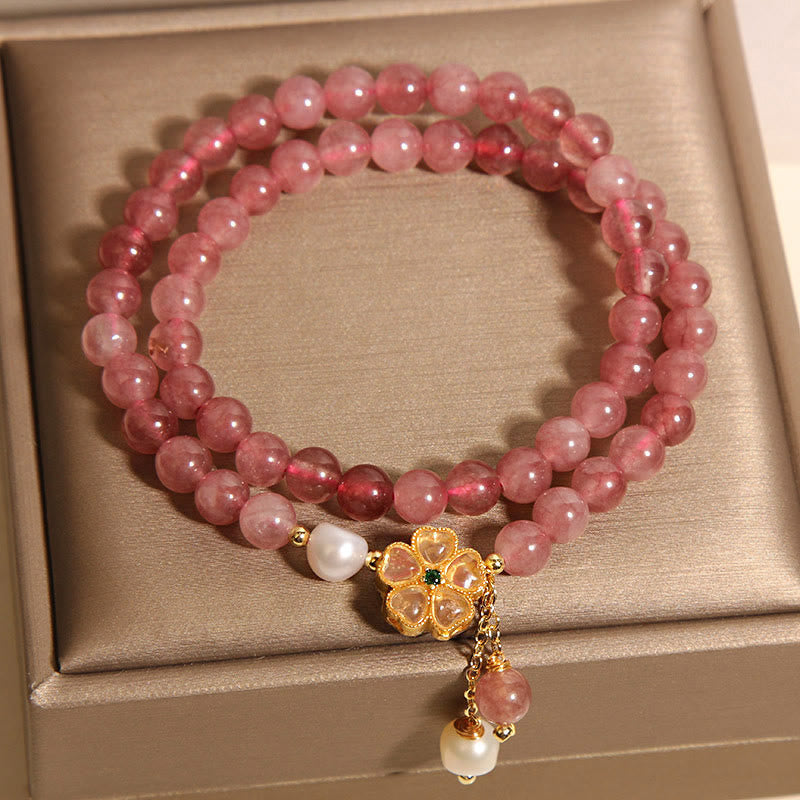 Strawberry Quartz Four Leaf Clover Double Wrap Design Positive Bracelet
