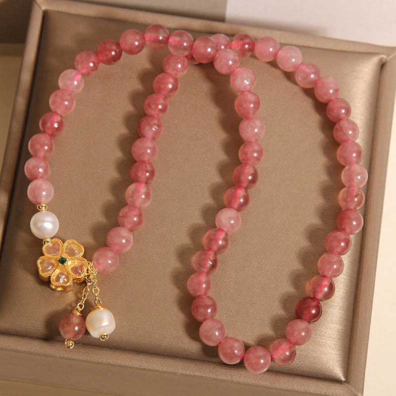 Strawberry Quartz Four Leaf Clover Double Wrap Design Positive Bracelet