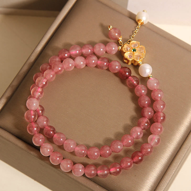 Strawberry Quartz Four Leaf Clover Double Wrap Design Positive Bracelet