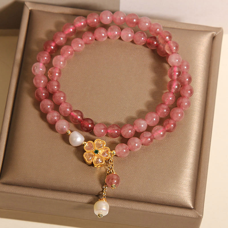 Strawberry Quartz Four Leaf Clover Double Wrap Design Positive Bracelet