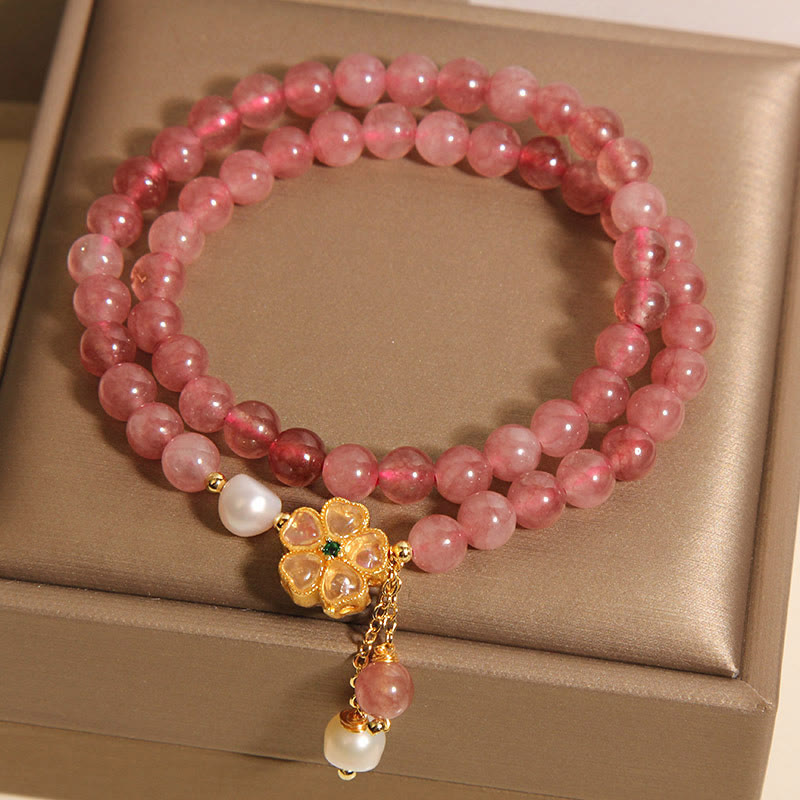 Strawberry Quartz Four Leaf Clover Double Wrap Design Positive Bracelet