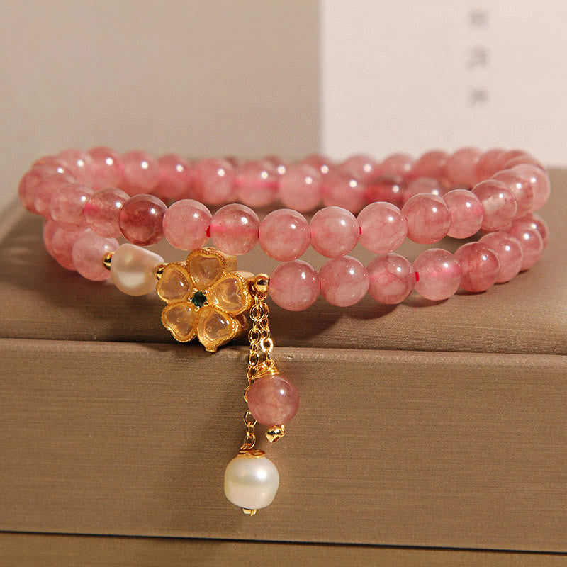 Strawberry Quartz Four Leaf Clover Double Wrap Design Positive Bracelet