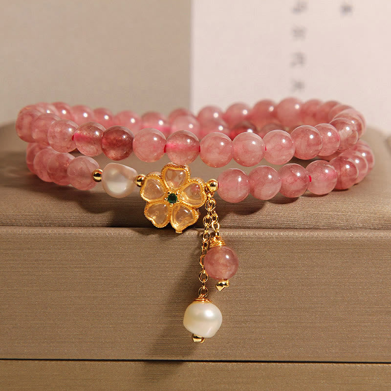 Strawberry Quartz Four Leaf Clover Double Wrap Design Positive Bracelet