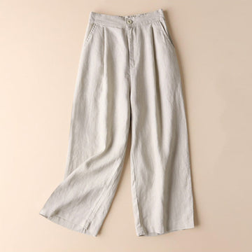 Commute Solid Color Drawstring 7-8 Length Cotton Linen Women's Wide Leg Pants With Pockets