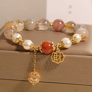 Natural Rutilated Quartz, Red Agate and Pearl High-Frequency Energy Bracelet