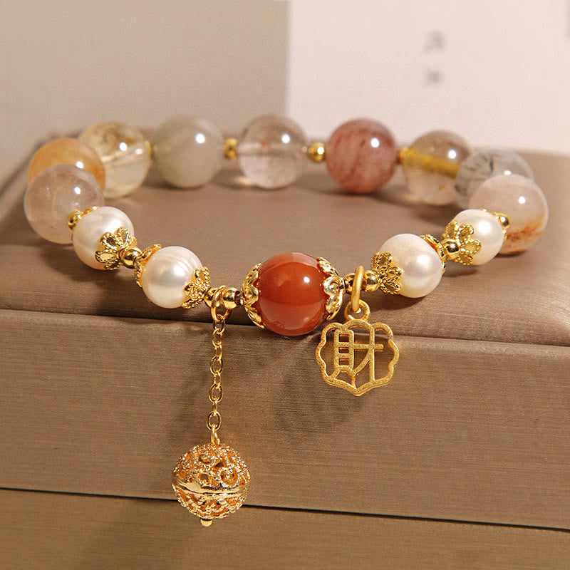 Natural Rutilated Quartz, Red Agate and Pearl High-Frequency Energy Bracelet