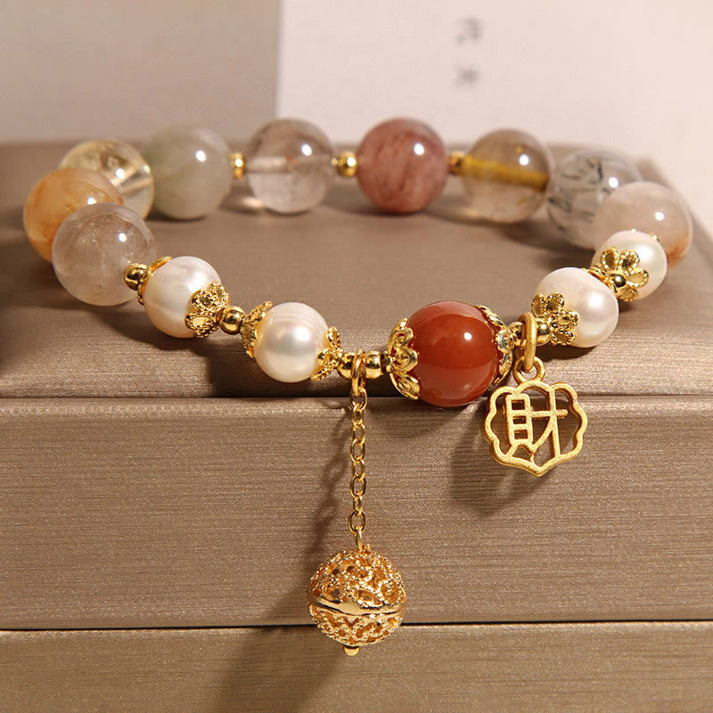 Natural Rutilated Quartz, Red Agate and Pearl High-Frequency Energy Bracelet