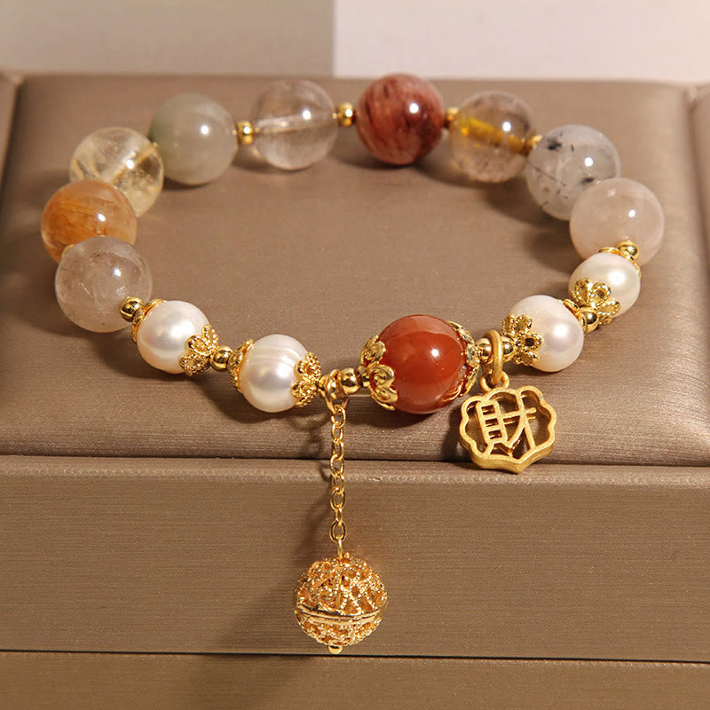 Natural Rutilated Quartz, Red Agate and Pearl High-Frequency Energy Bracelet