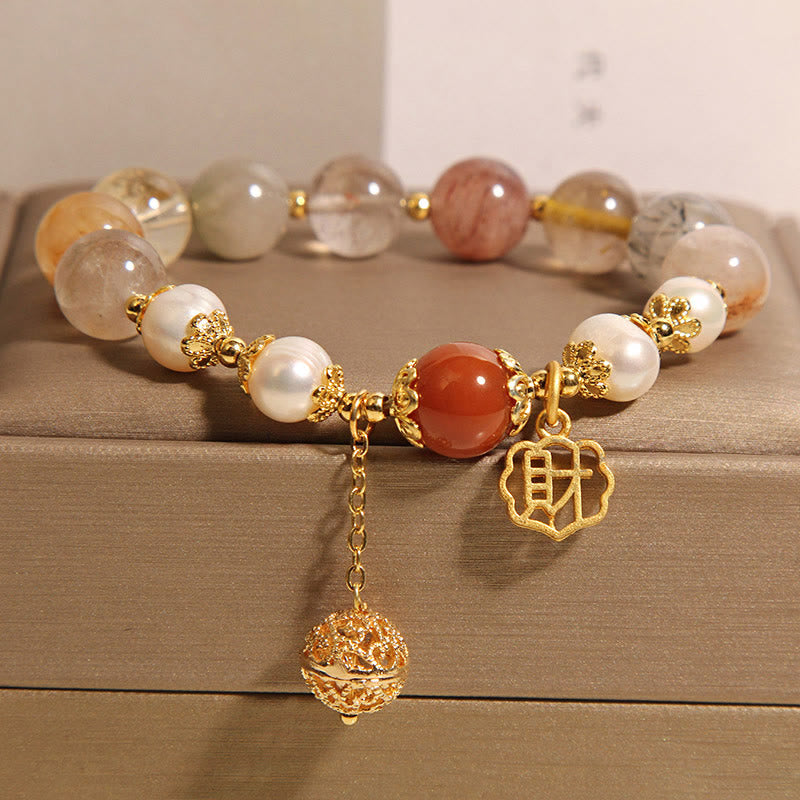 Natural Rutilated Quartz, Red Agate and Pearl High-Frequency Energy Bracelet