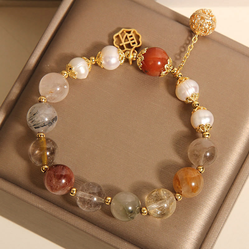 Natural Rutilated Quartz, Red Agate and Pearl High-Frequency Energy Bracelet