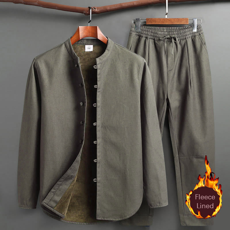 Solid Tang Suit Traditional Fleece Lined Uniform Long Sleeve Top Pants Men's Set